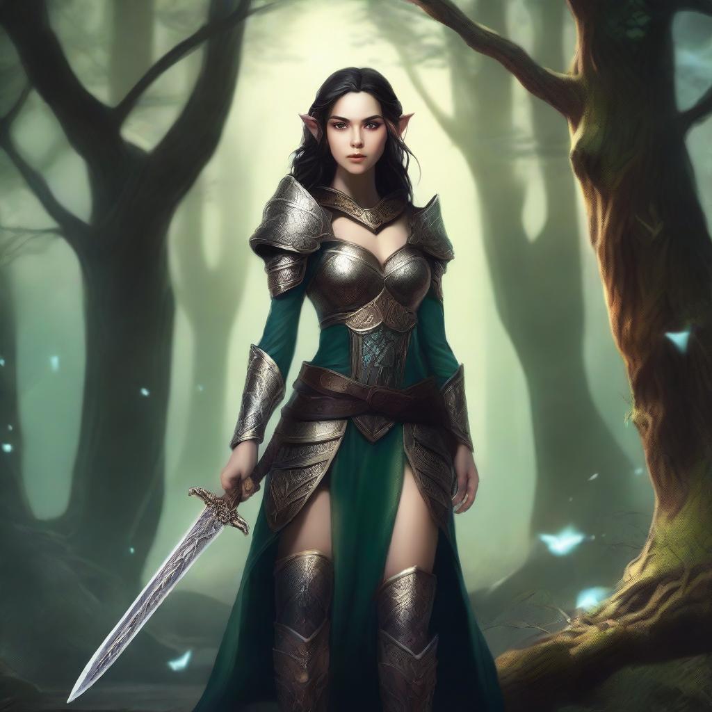 A detailed illustration of an elf girl warrior with dark hair, dressed in elegant yet sturdy armor, holding a beautifully crafted sword