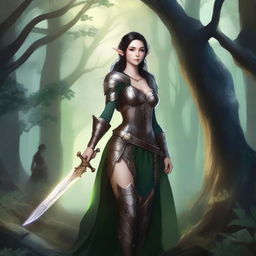 A detailed illustration of an elf girl warrior with dark hair, dressed in elegant yet sturdy armor, holding a beautifully crafted sword