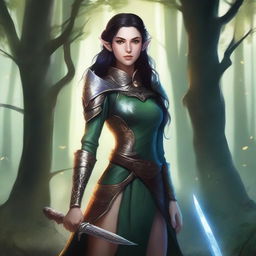 A detailed illustration of an elf girl warrior with dark hair, dressed in elegant yet sturdy armor, holding a beautifully crafted sword