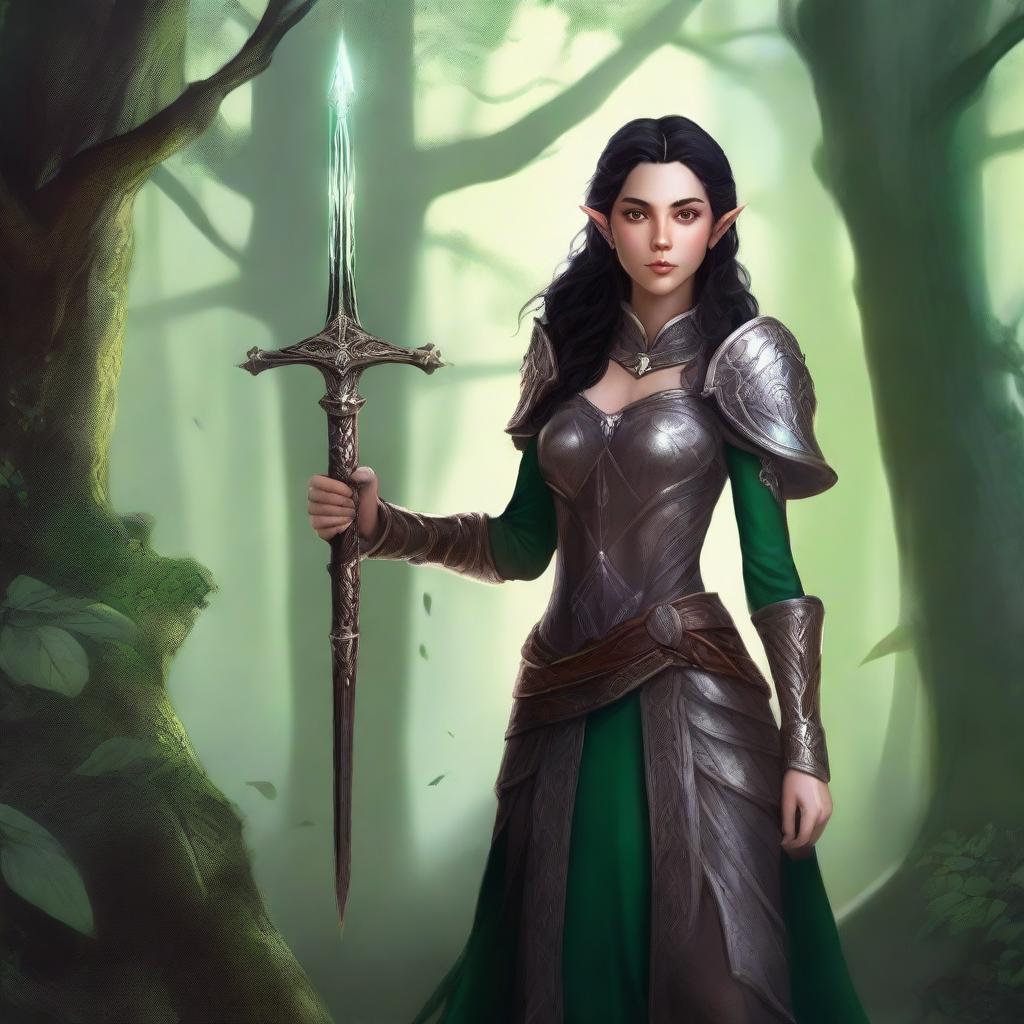 A detailed illustration of an elf girl warrior with dark hair, dressed in elegant yet sturdy armor, holding a beautifully crafted sword