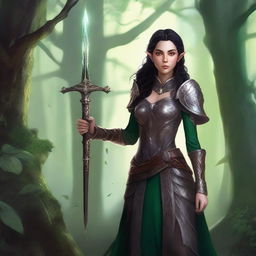 A detailed illustration of an elf girl warrior with dark hair, dressed in elegant yet sturdy armor, holding a beautifully crafted sword