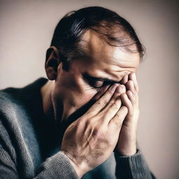 A man is crying and praying, with tears streaming down his face