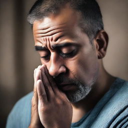 A man is crying and praying, with tears streaming down his face