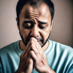 A man is crying and praying, with tears streaming down his face