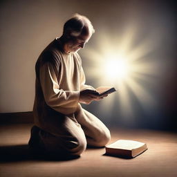 A spiritually enlightened Bible Man is kneeling in prayer, surrounded by a serene and divine aura