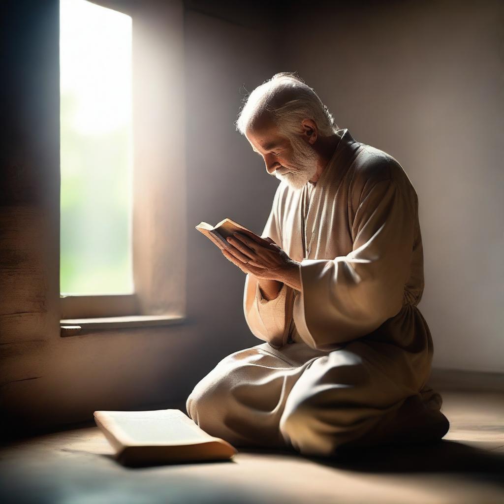 A spiritually enlightened Bible Man is kneeling in prayer, surrounded by a serene and divine aura