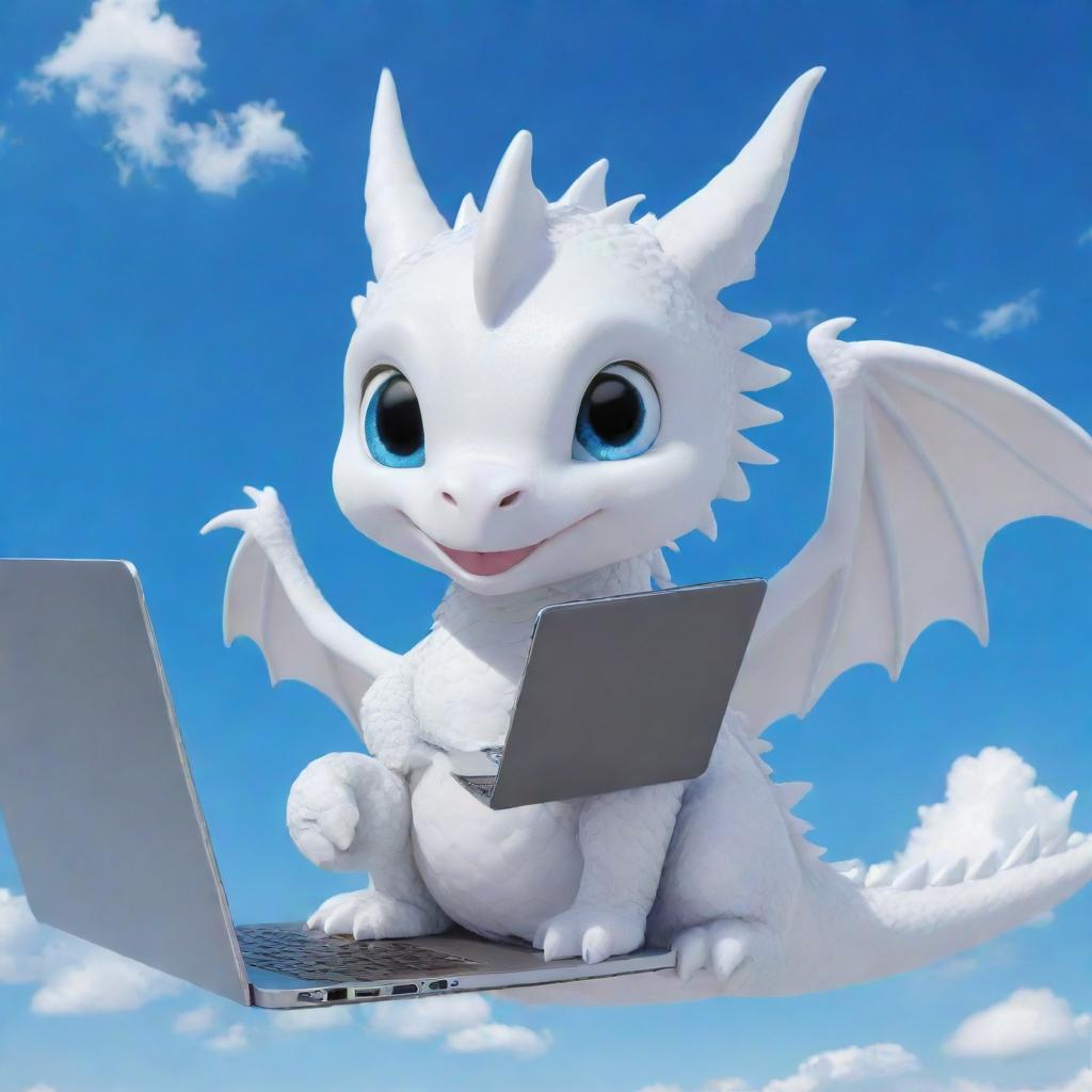 A cute, chibi-style white dragon named Momo holding a laptop under a vivid blue sky