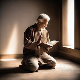 A spiritually enlightened Bible Man is kneeling in prayer, surrounded by a serene and divine aura