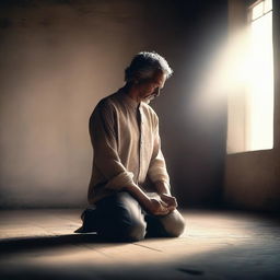 A spiritually enlightened Bible Man is kneeling in prayer, surrounded by a serene and divine aura