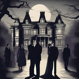 A detailed illustration of characters from The Vampire Diaries, featuring a dark and mysterious atmosphere with gothic elements