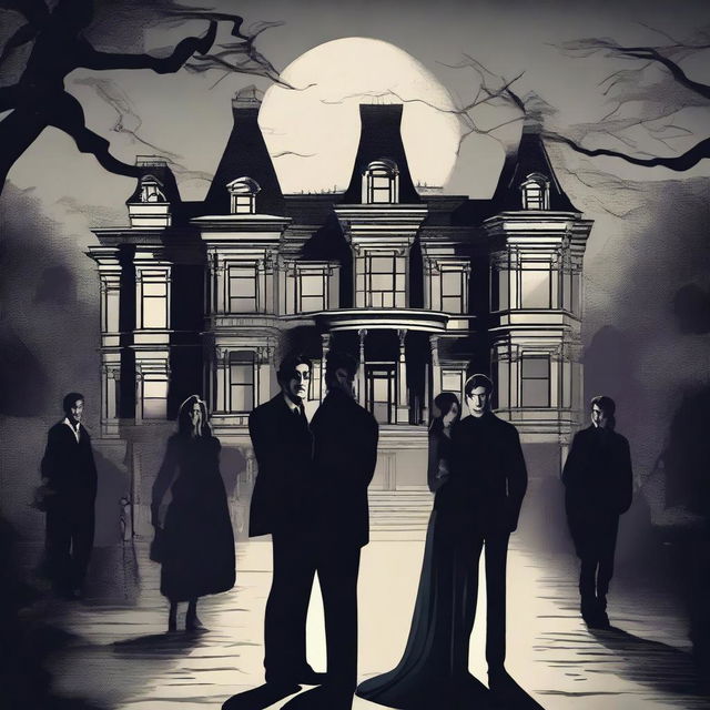 A detailed illustration of characters from The Vampire Diaries, featuring a dark and mysterious atmosphere with gothic elements