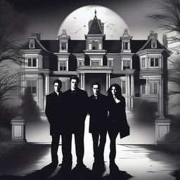 A detailed illustration of characters from The Vampire Diaries, featuring a dark and mysterious atmosphere with gothic elements