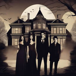 A detailed illustration of characters from The Vampire Diaries, featuring a dark and mysterious atmosphere with gothic elements