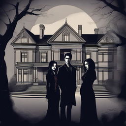 A detailed illustration of characters from The Vampire Diaries, featuring a dark and mysterious atmosphere with gothic elements