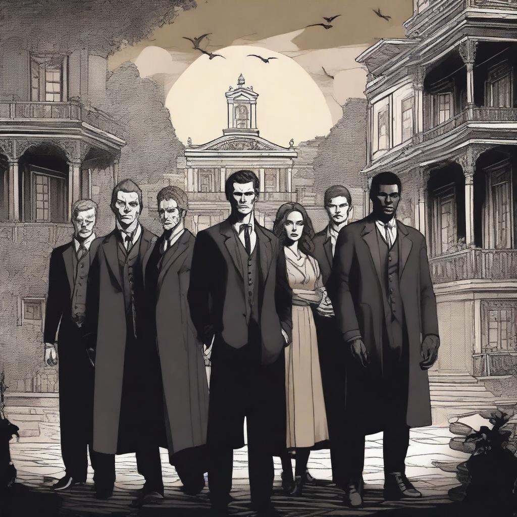 A detailed illustration of characters from The Originals, capturing the dark and gothic atmosphere of the series