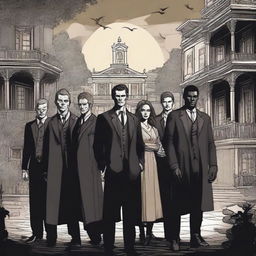 A detailed illustration of characters from The Originals, capturing the dark and gothic atmosphere of the series