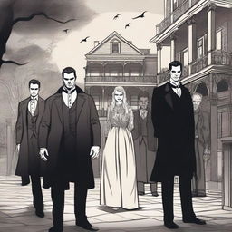 A detailed illustration of characters from The Originals, capturing the dark and gothic atmosphere of the series