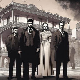 A detailed illustration of characters from The Originals, capturing the dark and gothic atmosphere of the series