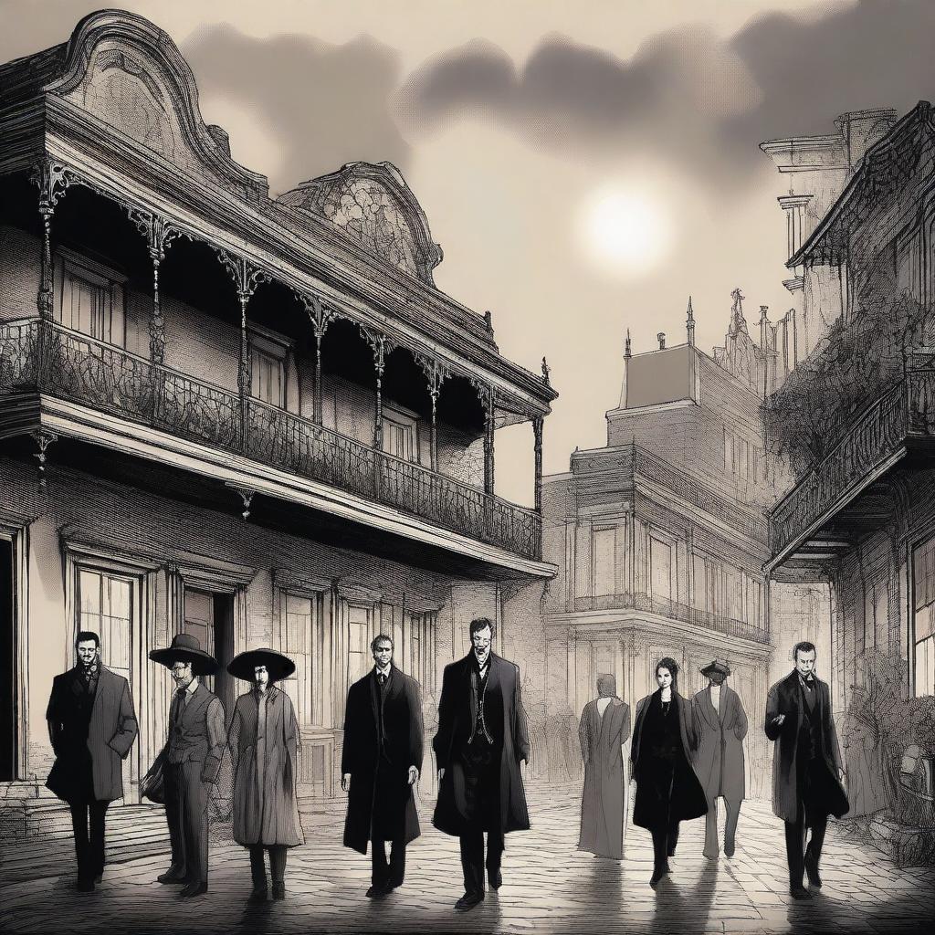 A detailed illustration of characters from The Originals, capturing the dark and gothic atmosphere of the series