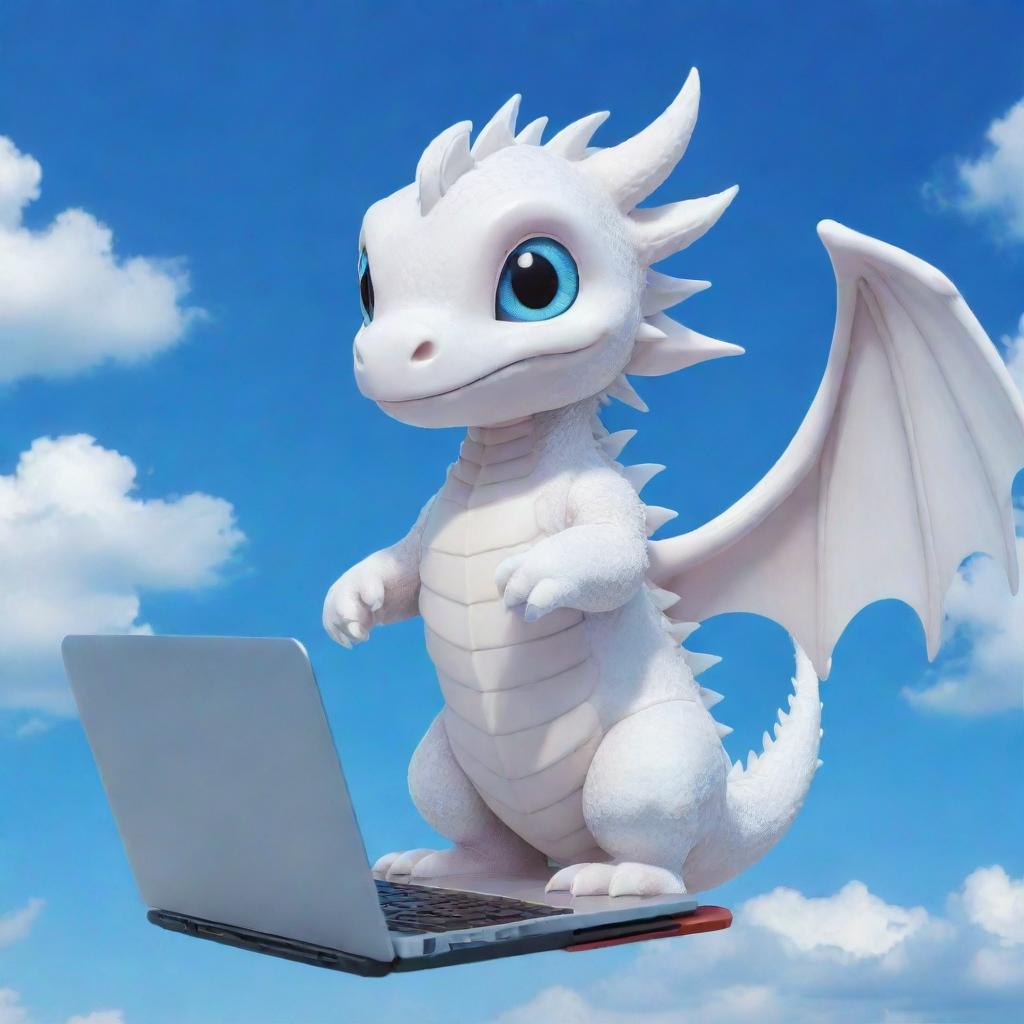 A cute, chibi-style white dragon named Momo holding a laptop under a vivid blue sky