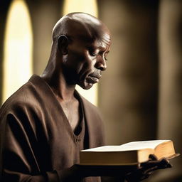 A spiritually profound image of a black bald man praying with a bible