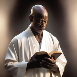 A spiritually profound image of a black bald man praying with a bible