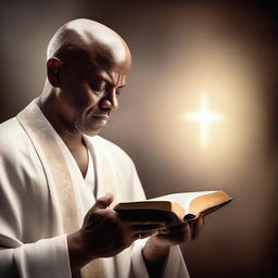 A spiritually profound image of a black bald man praying with a bible