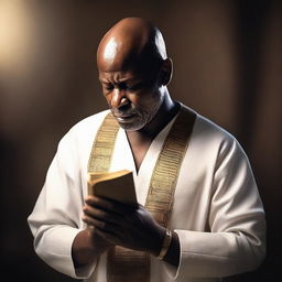 A spiritually profound image of a black bald man praying with a bible