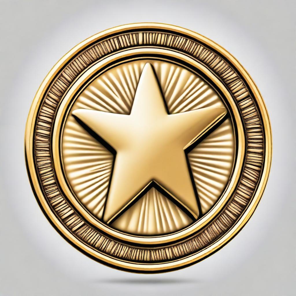 A detailed illustration of a gold coin featuring a four-pointed star with a fist in the center