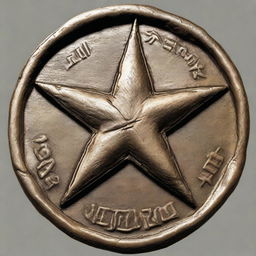 A detailed illustration of an old, weathered coin featuring a four-pointed star with a fist at its center