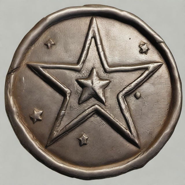 A detailed illustration of an old, weathered coin featuring a four-pointed star with a fist at its center