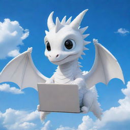 A cute, chibi-style white dragon named Momo holding a laptop under a vivid blue sky