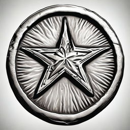 A detailed illustration of an old, weathered coin featuring a four-pointed star with a fist at its center