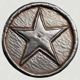 A detailed illustration of an old, weathered coin featuring a four-pointed star with a fist at its center