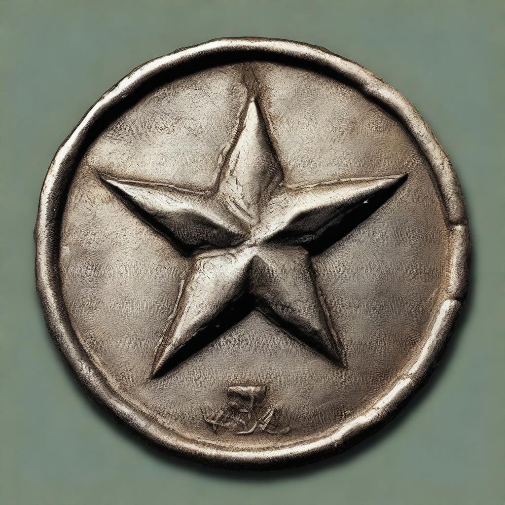 A detailed illustration of an old, weathered coin featuring a four-pointed star with a fist at its center