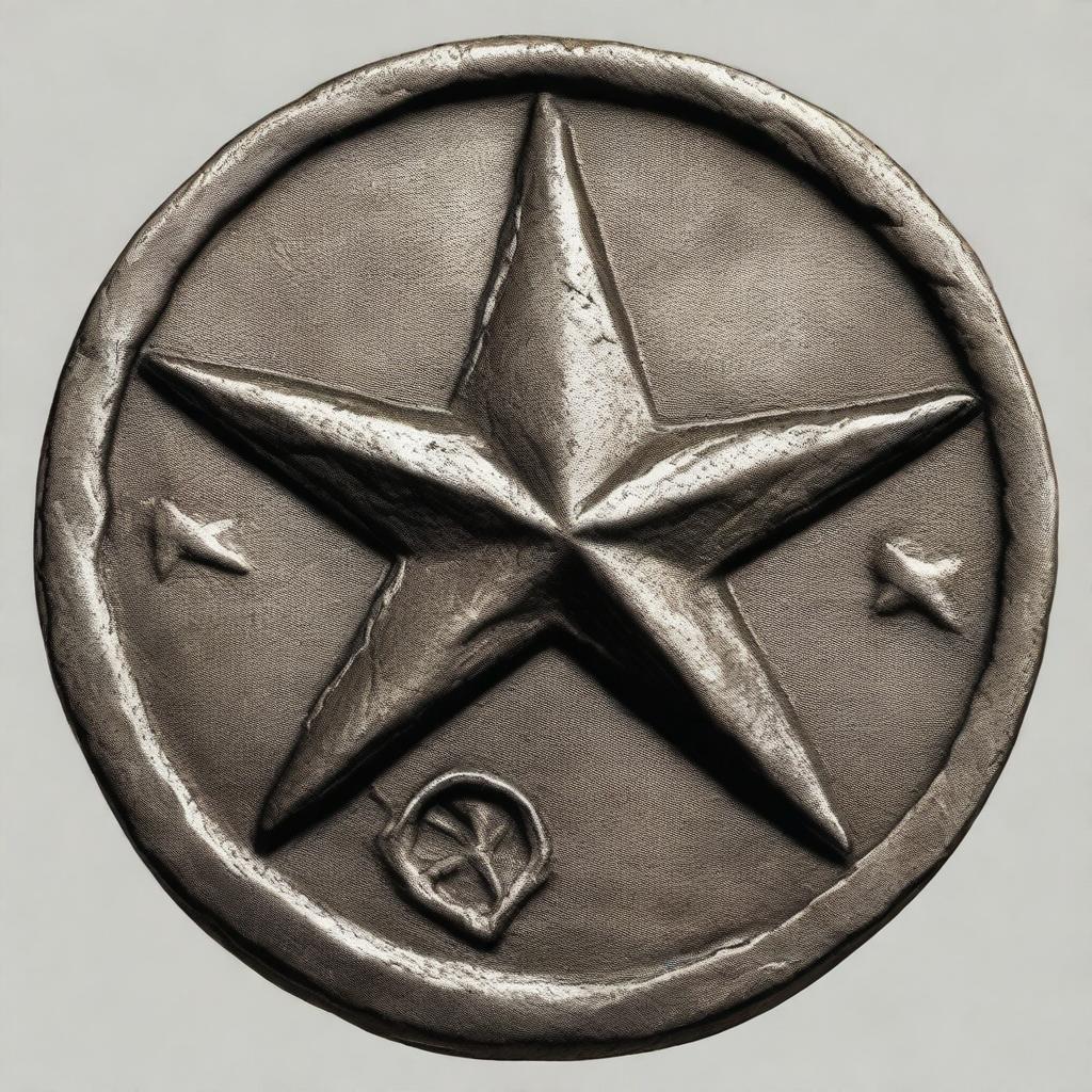 A detailed illustration of an old, weathered coin featuring a four-pointed star with a fist at its center