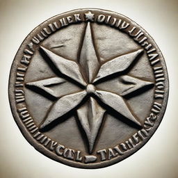 A detailed illustration of an old, weathered coin featuring a four-pointed star with a fist at its center