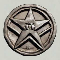 A detailed illustration of an old, weathered coin featuring a four-pointed star with a fist at its center