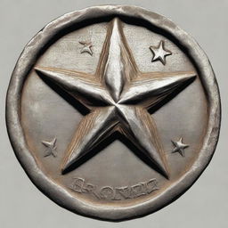 A detailed illustration of an old, weathered coin featuring a four-pointed star with a fist at its center