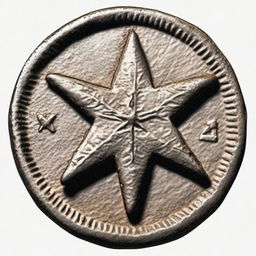 A detailed illustration of an old, weathered coin featuring a four-pointed star with a fist at its center