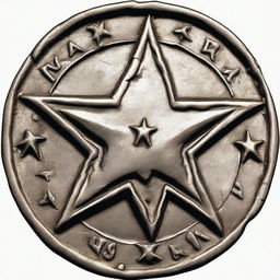 A detailed illustration of an old, weathered coin featuring a four-pointed star with a fist at its center