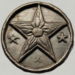 A detailed illustration of an old, weathered coin featuring a four-pointed star with a fist at its center