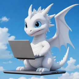 A cute, chibi-style white dragon named Momo holding a laptop under a vivid blue sky