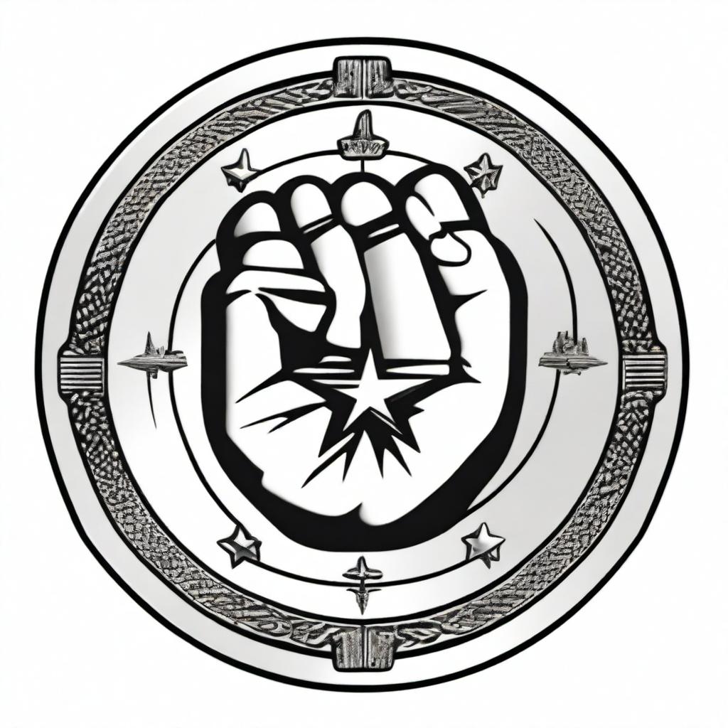 A detailed illustration of a coin featuring a central design of a fist