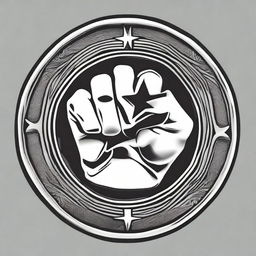 A detailed illustration of a coin featuring a central design of a fist