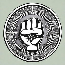 A detailed illustration of a coin featuring a central design of a fist