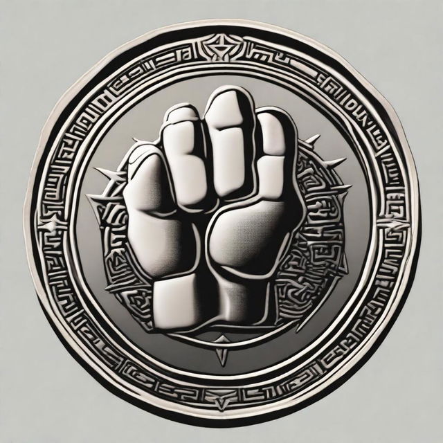 A detailed illustration of a coin featuring a central design of a fist