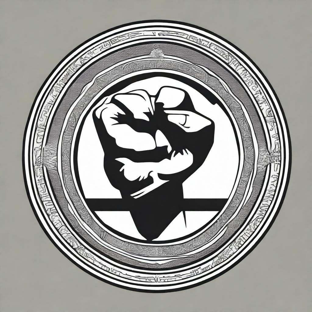 A detailed illustration of a coin featuring a central design of a fist