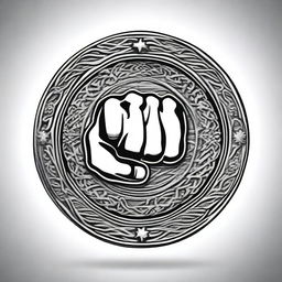 A detailed illustration of a coin featuring a central design of a fist