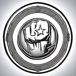 A detailed illustration of a coin featuring a central design of a fist